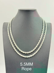 Sterling Silver, 925 Rope Chain Necklace, 24" 5.5mm