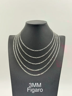 Sterling Silver, 925 Figaro Chain Necklace, 22"  3mm
