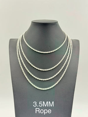 Sterling Silver, 925 Rope Chain Necklace, 16" 3.5mm