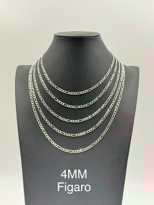 Sterling Silver, 925 Figaro Chain Necklace, 22"  4mm