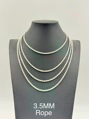 Sterling Silver, 925 Rope Chain Necklace, 22" 3.5mm