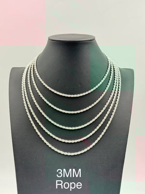 Sterling Silver, 925 Rope Chain Necklace, 16"	3mm