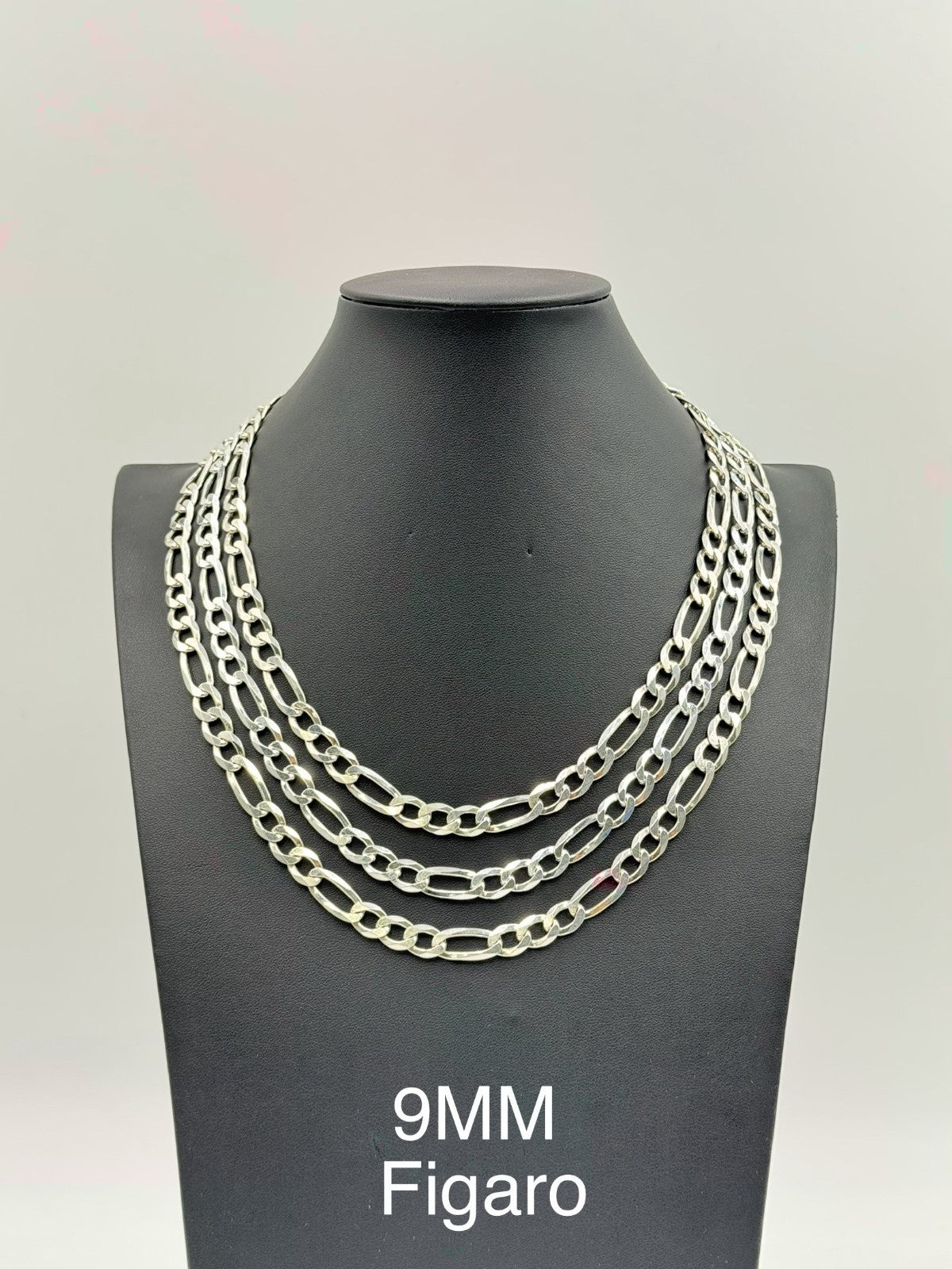 Sterling Silver, 925 Figaro Chain Necklace, 24"  9mm