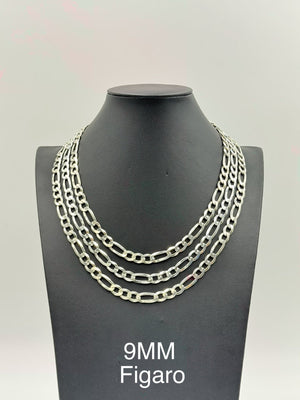 Sterling Silver, 925 Figaro Chain Necklace, 24"  9mm