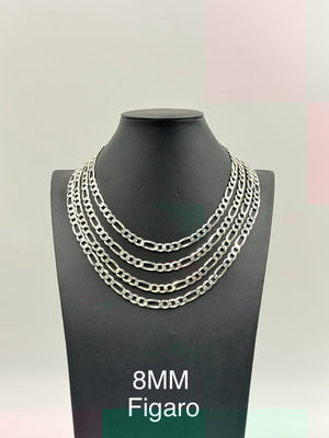Sterling Silver, 925 Figaro Chain Necklace, 18"	8mm
