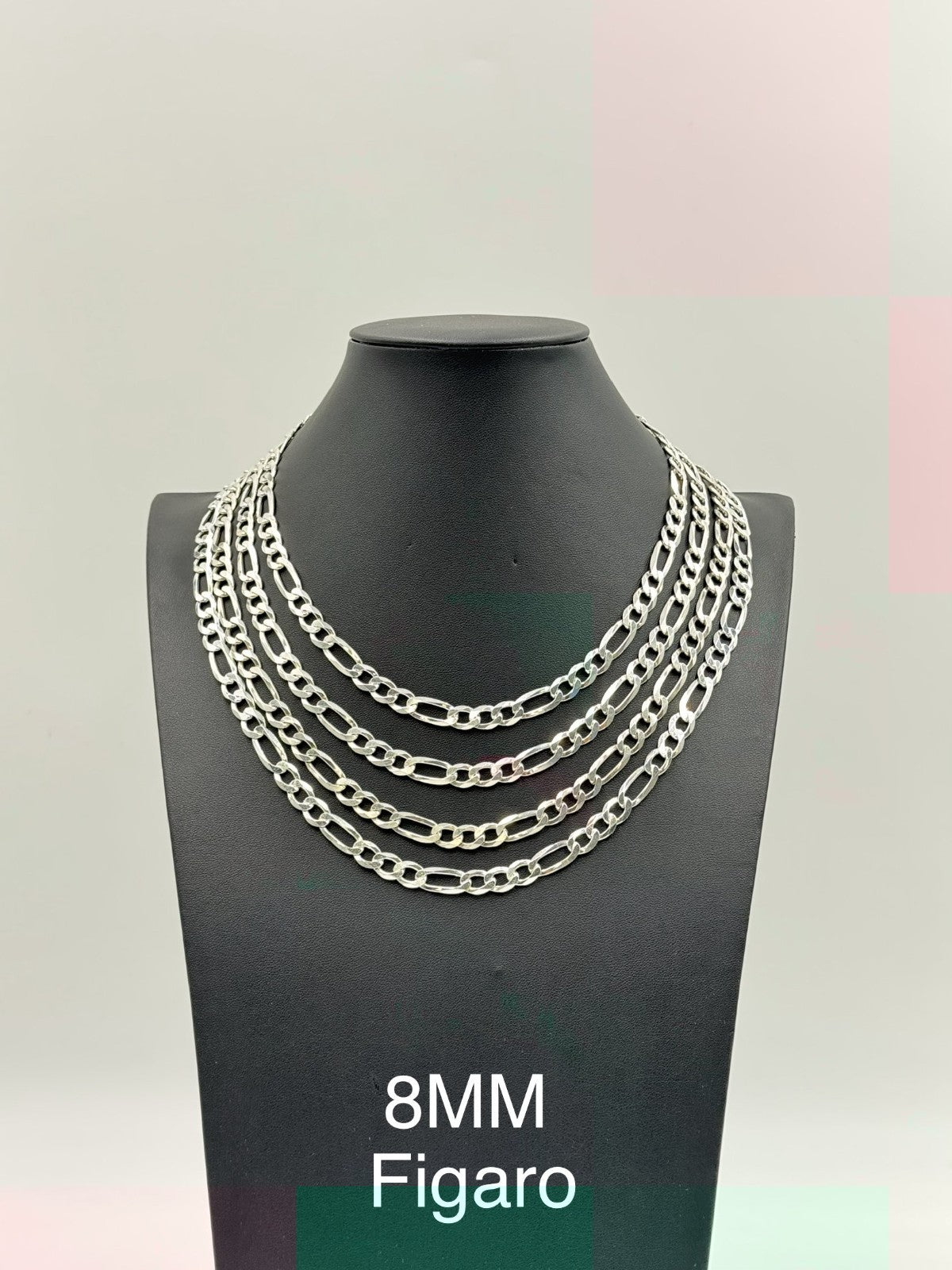 Sterling Silver, 925 Figaro Chain Necklace, 24"  8mm