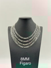 Sterling Silver, 925 Figaro Chain Necklace, 20" 8mm