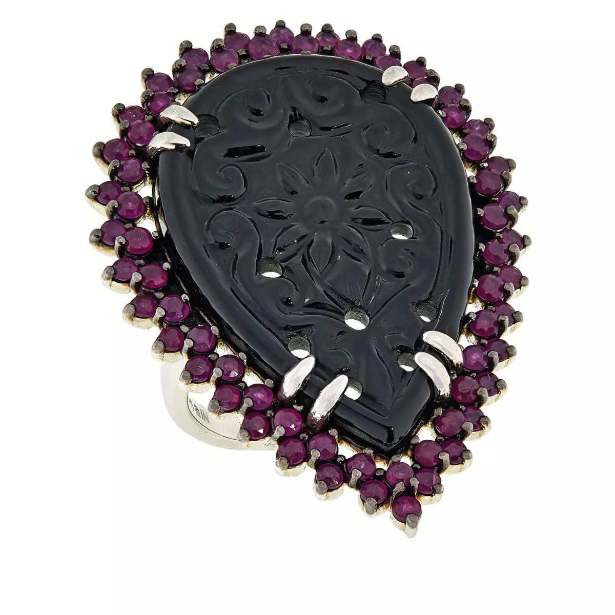 Rarities Sterling Silver Pear Shaped Carved Black Onyx Ring, Size 6