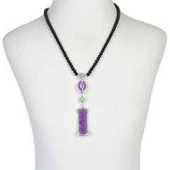 Jade of Yesteryear Sterling Silver Purple Jade Carved Dragon Pendant & Agate Bead Necklace, 24"