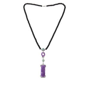 Jade of Yesteryear Sterling Silver Purple Jade Carved Dragon Pendant & Agate Bead Necklace, 24"