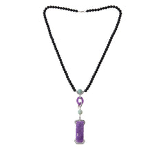 Jade of Yesteryear Sterling Silver Purple Jade Carved Dragon Pendant & Agate Bead Necklace, 24"