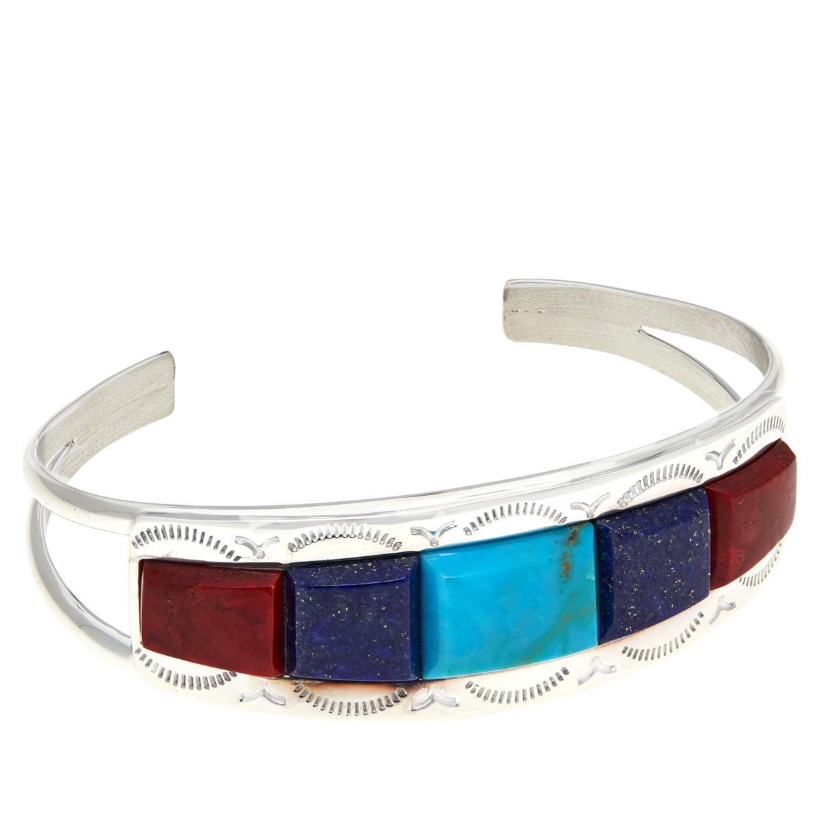 Jay King Sterling Silver Turquoise, Lapis & Red Coral Inlay Cuff Bracelet, 7-1/4"