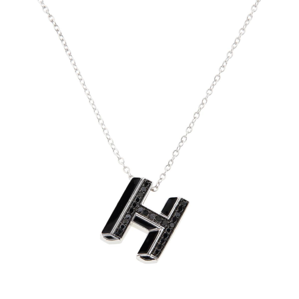 Colleen Lopez Sterling Silver Black Diamond "H" Initial Pendant with Chain. 16"