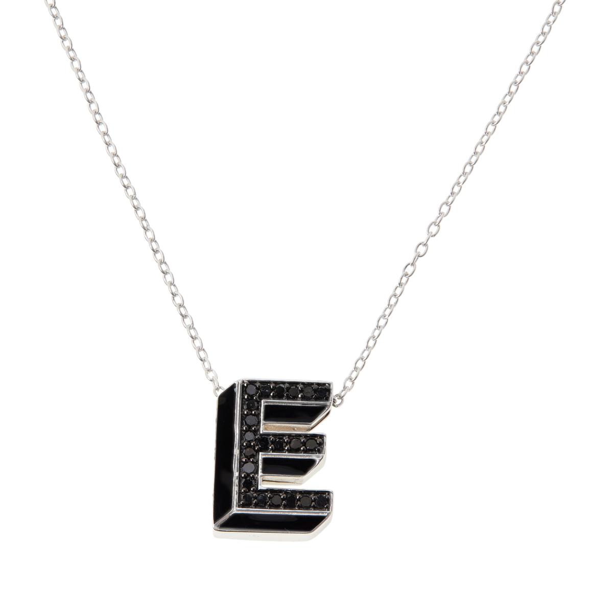 Colleen Lopez Sterling Silver Black Diamond "E" Initial Pendant with Chain. 16"
