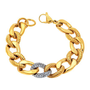 HSN Stainless Steel Goldtone Chunky Chain Pave Bracelet. 7-1/4