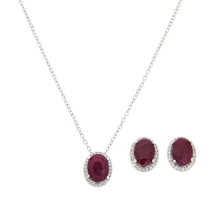 Colleen Lopez Sterling Silver Oval Ruby & White Zircon Pendant and Earring Set