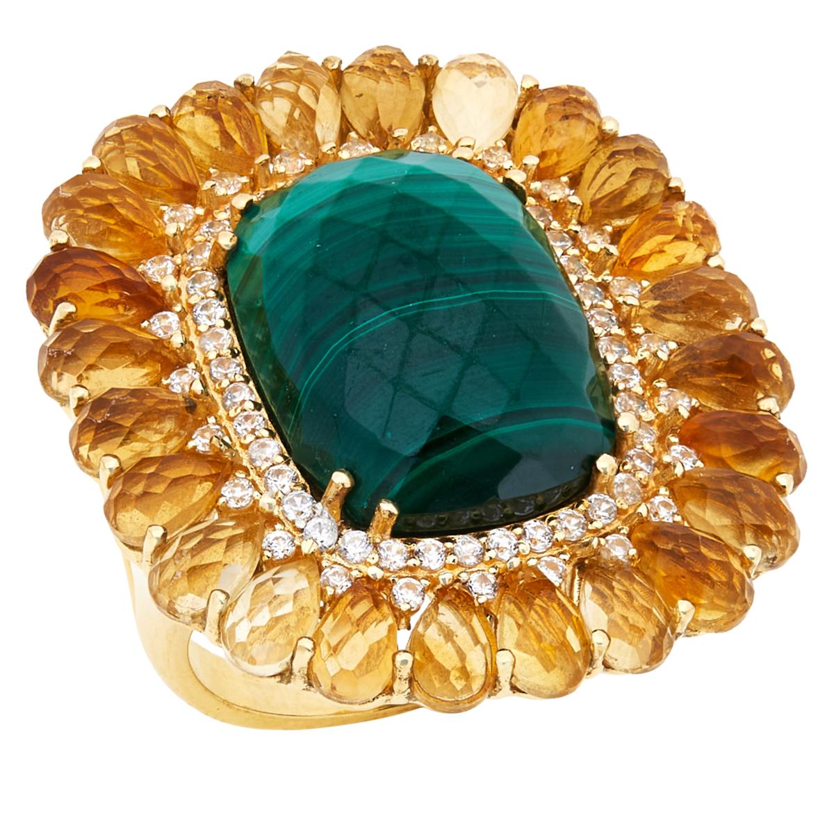 Rarities Goldclad Sterling Silver Malachite & Citrine Halo Ring, Size 6