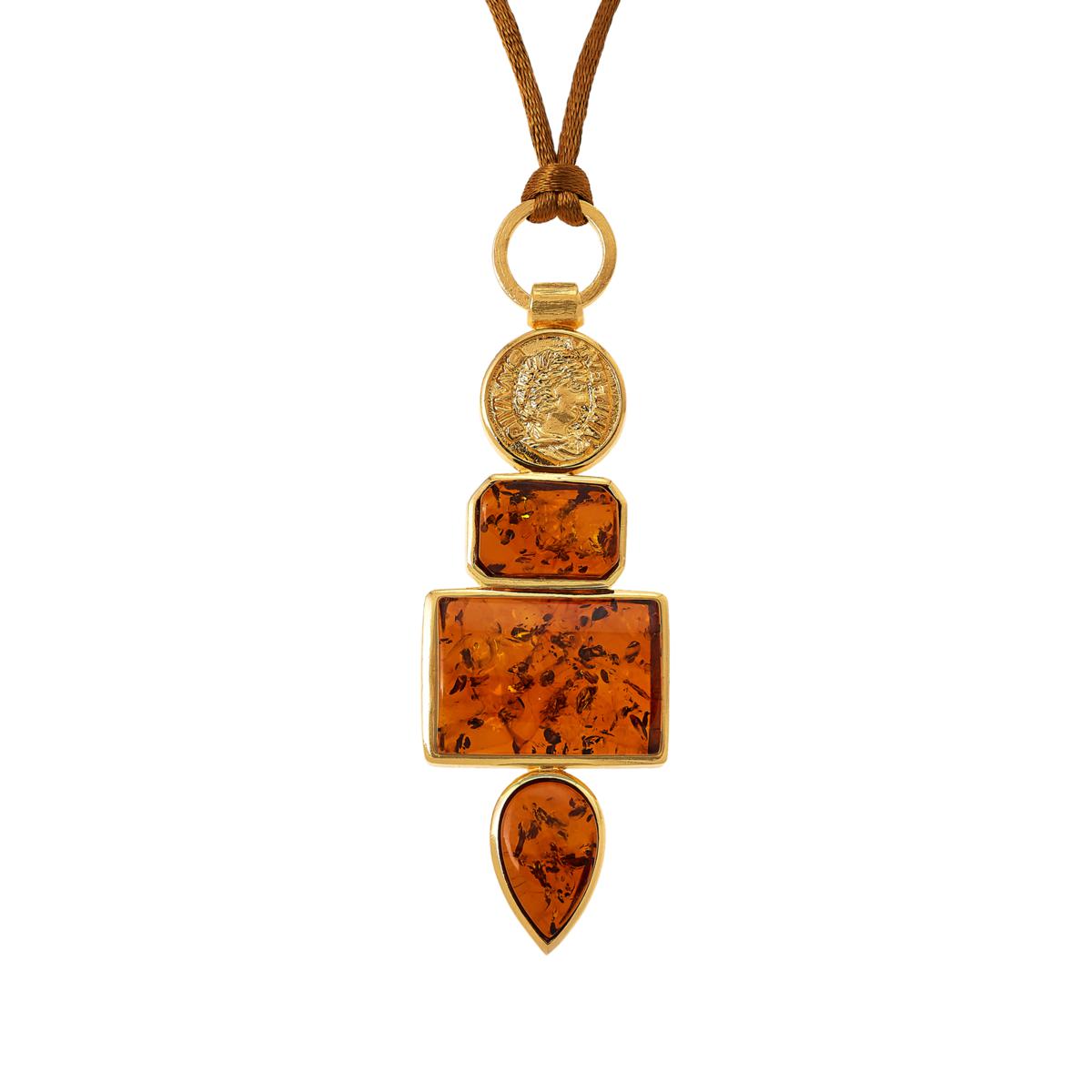 Amber Extraordinaire Sterling Silver Goldclad Honey Pendant with Satin Cord Necklace, 30"