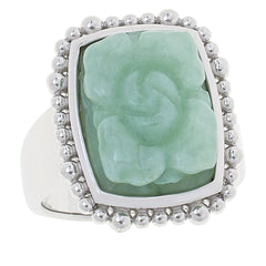 Jade of Yesteryear Sterling Silver Flower Carved Light Green Jade Ring, Size 7