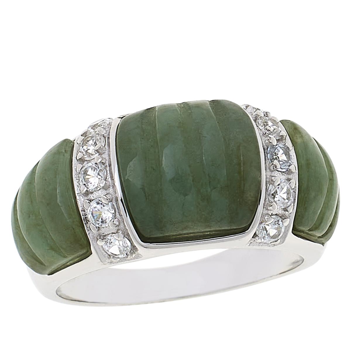 Jade of Yesteryear Sterling Silver Carved Dark Jade & Zircon Band Ring. Size 8