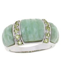 Jade of Yesteryear Sterling Silver Carved Jade & Peridot Band Ring. Size 7