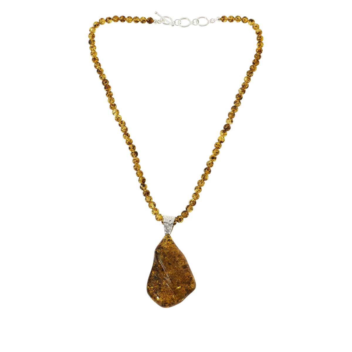 Amber Extraordinaire Sterling Silver Freeform Green Amber Pendant & Bead Necklace, 20"