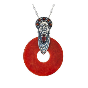 Jade of Yesteryear Sterling Silver Red Jade Buddha Pendant with Chain, 18"