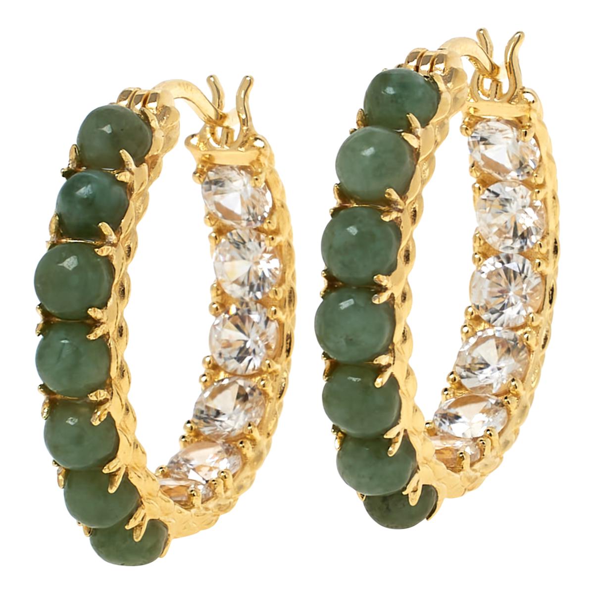 Jade of Yesteryear Sterling Silver Light Jade & White Zircon Inside-Outside Hoop Earrings