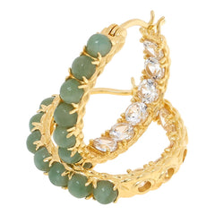 Jade of Yesteryear Sterling Silver Light Jade & White Zircon Inside-Outside Hoop Earrings