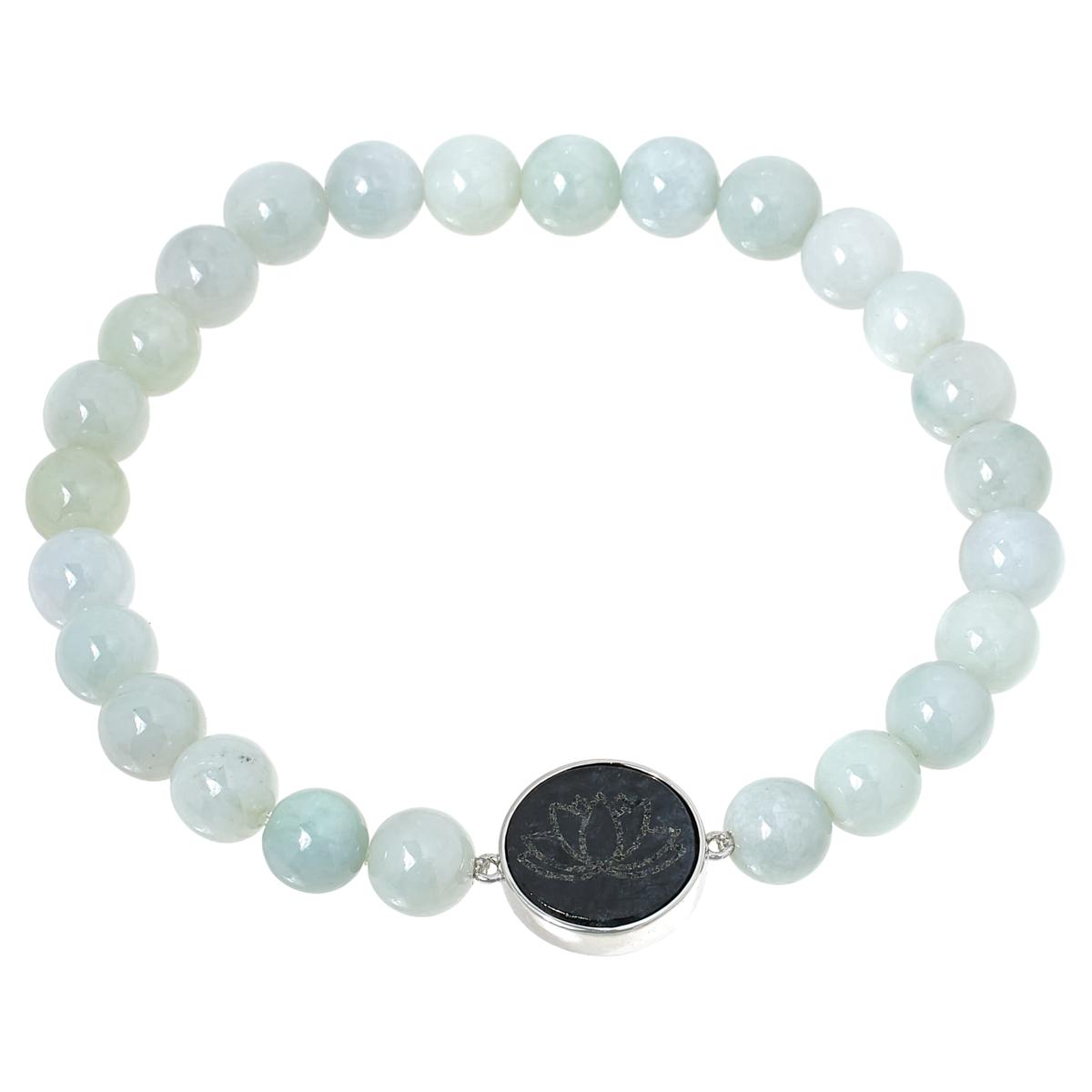 Jade of Yesteryear Sterling Silver Green Jade Bead Lotus Charm Stretch Bracelet. S/M