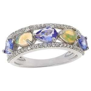 Colleen Lopez Sterling Silver Opal, Tanzanite, & White Zircon Band Ring, Size 5