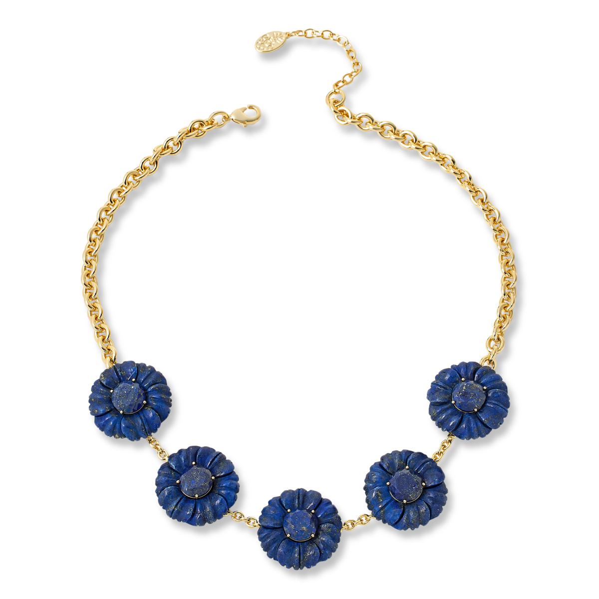Connie Craig Carroll Goldtone Carved Lapis Flower Station Necklace, 18"