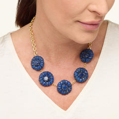 Connie Craig Carroll Goldtone Carved Lapis Flower Station Necklace, 18"