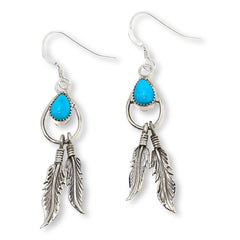Chaco Canyon Sterling Silver Sleeping Beauty Turquoise Feather Dangle Earrings, 2"