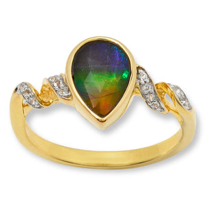 Canadian Ammolite Sterling Silver  Gems Pear-Shape Ammolite & White Topaz Ring, Size 8