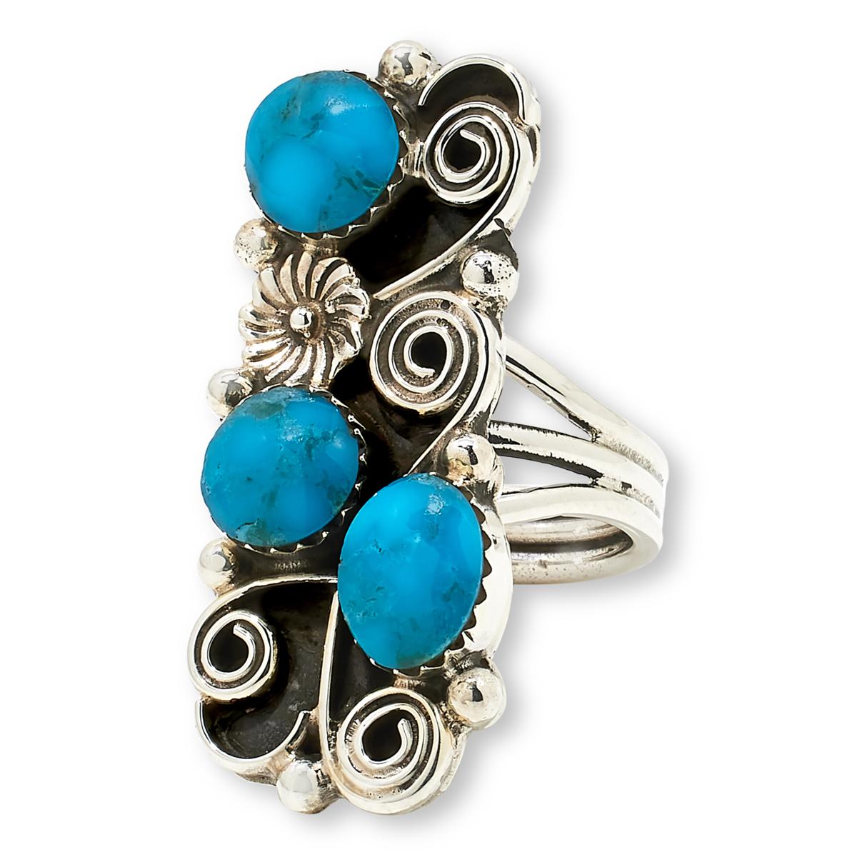 Chaco Canyon Sterling Silver Kingman Turquoise 3-Stone Elongated FlowerRing, Size 7