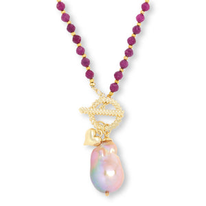 Connie Craig Beaded Cultured Pearl & Corrundum Heart Charm Necklace
