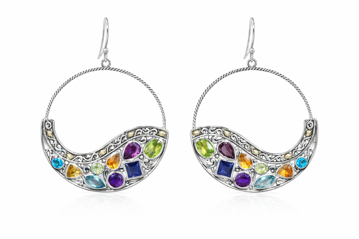 Bali RoManse 925 Silver Multigemstone Scroll Design Drop Earrings 4.34ct