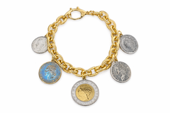 Bellezza Multi Lira Coin Ribbed Link Charm Bracelet Bronze Goldtone