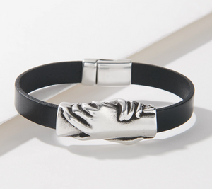 Hand & Hand Flat Black Leather Bracelet with Silver Plated Bead, Large