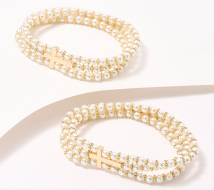 Faithful Heart Set of 2 Faux Pearl Cross Stretch Avg Bracelets by Valerie