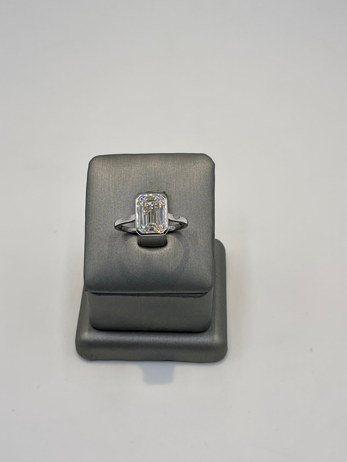 14. 11232 - 14KW Lab Ring Emerald Bezel Solitaire F-VVS2 3.08CTTW ($5495) (Yellow also available) | 14k White Gold