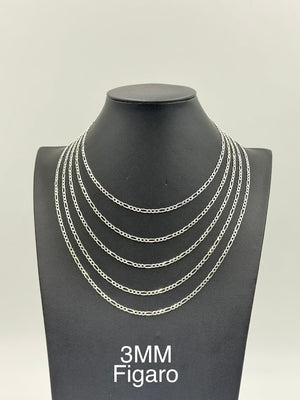 925 Sterling Silver Figaro Chain Necklace 3mm 20" Italy