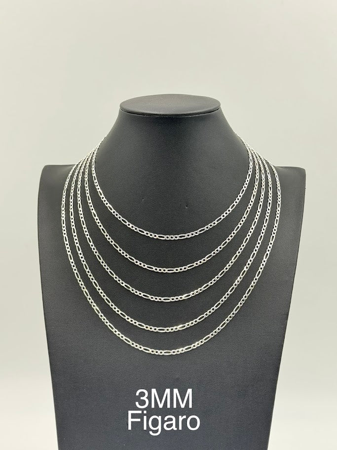 925 Sterling Silver Figaro Chain Necklace 3mm 20" Italy