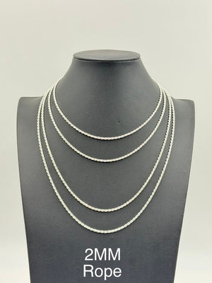 925 Sterling Silver Rope Chain Necklace 2mm 16" Italy