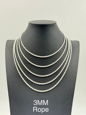 925 Sterling Silver Rope Chain Necklace 3mm 16" Italy