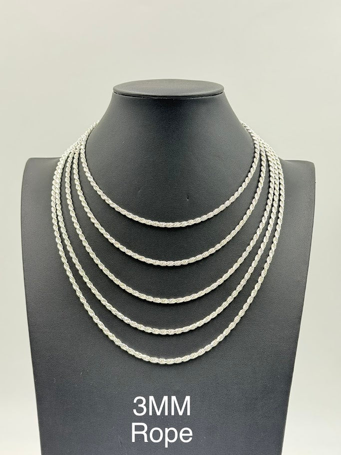 925 Sterling Silver Rope Chain Necklace 3mm 16" Italy