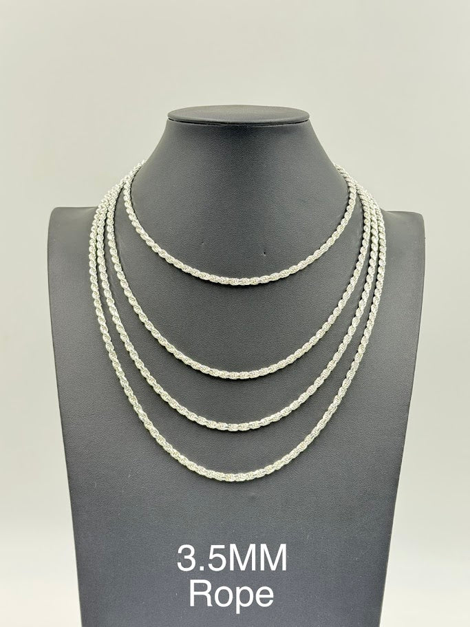 925 Sterling Silver Rope Chain Necklace 3.5mm 20" Italy