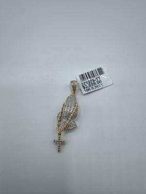 10K Yellow Gold Prayer Hands Diamond Pendant 1.75" Micro Pave