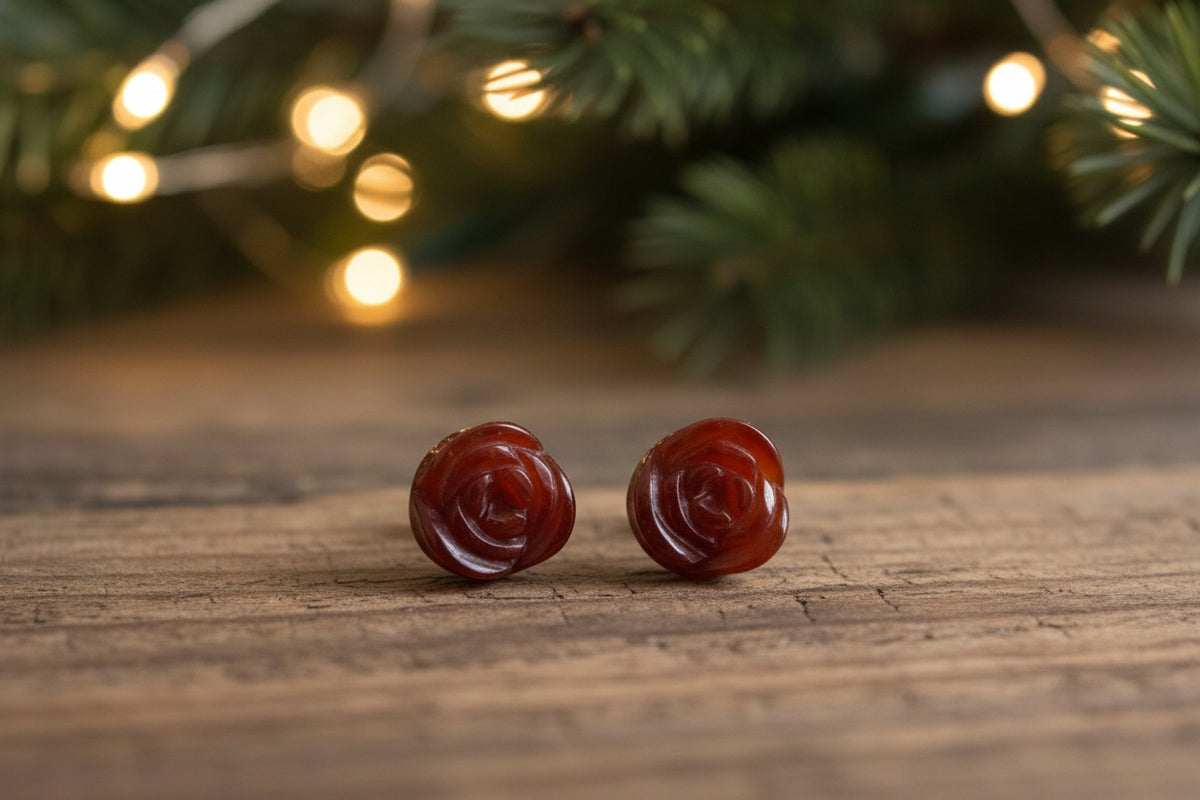 Jade of Yesteryear Sterling Silver Red Jade Carve Rose Stud Earrings.